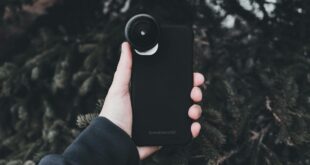 hand holding cellphone with fisheye lens