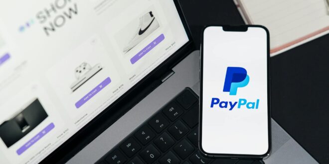 mobile payment with paypal on laptop screen