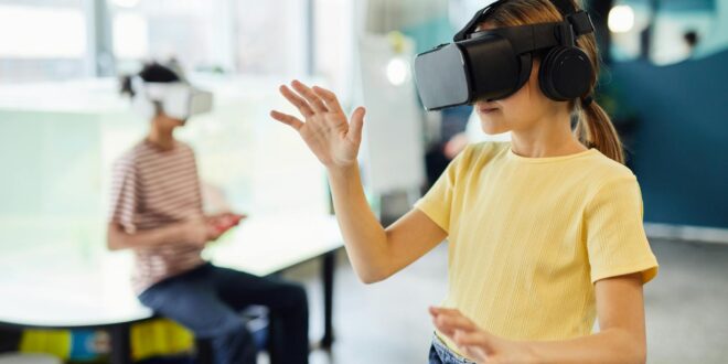 little girl in vr headset